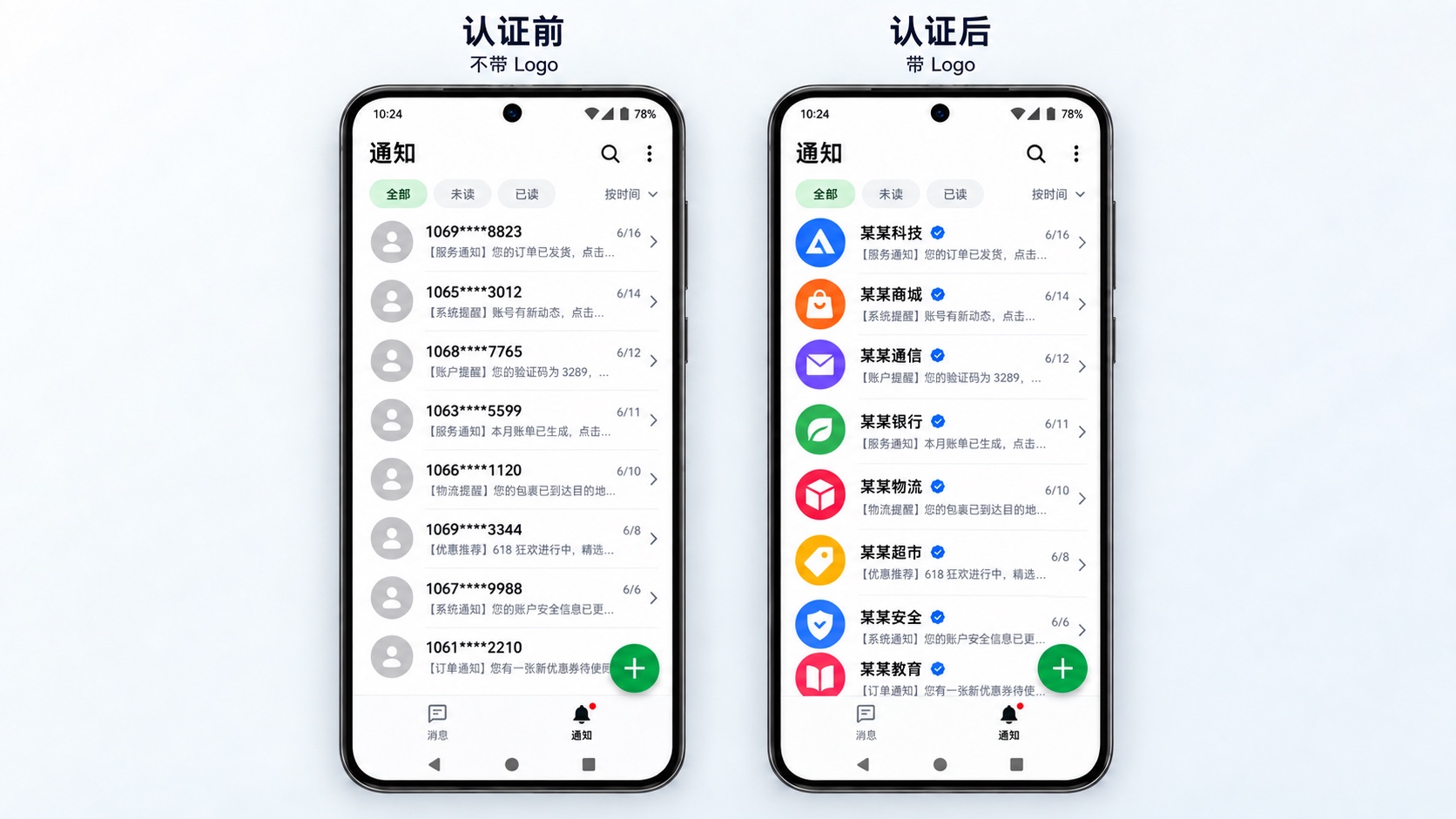 短信LOGO认证前后展示效果对比,认证后显示脱敏企业名称和通用品牌标识